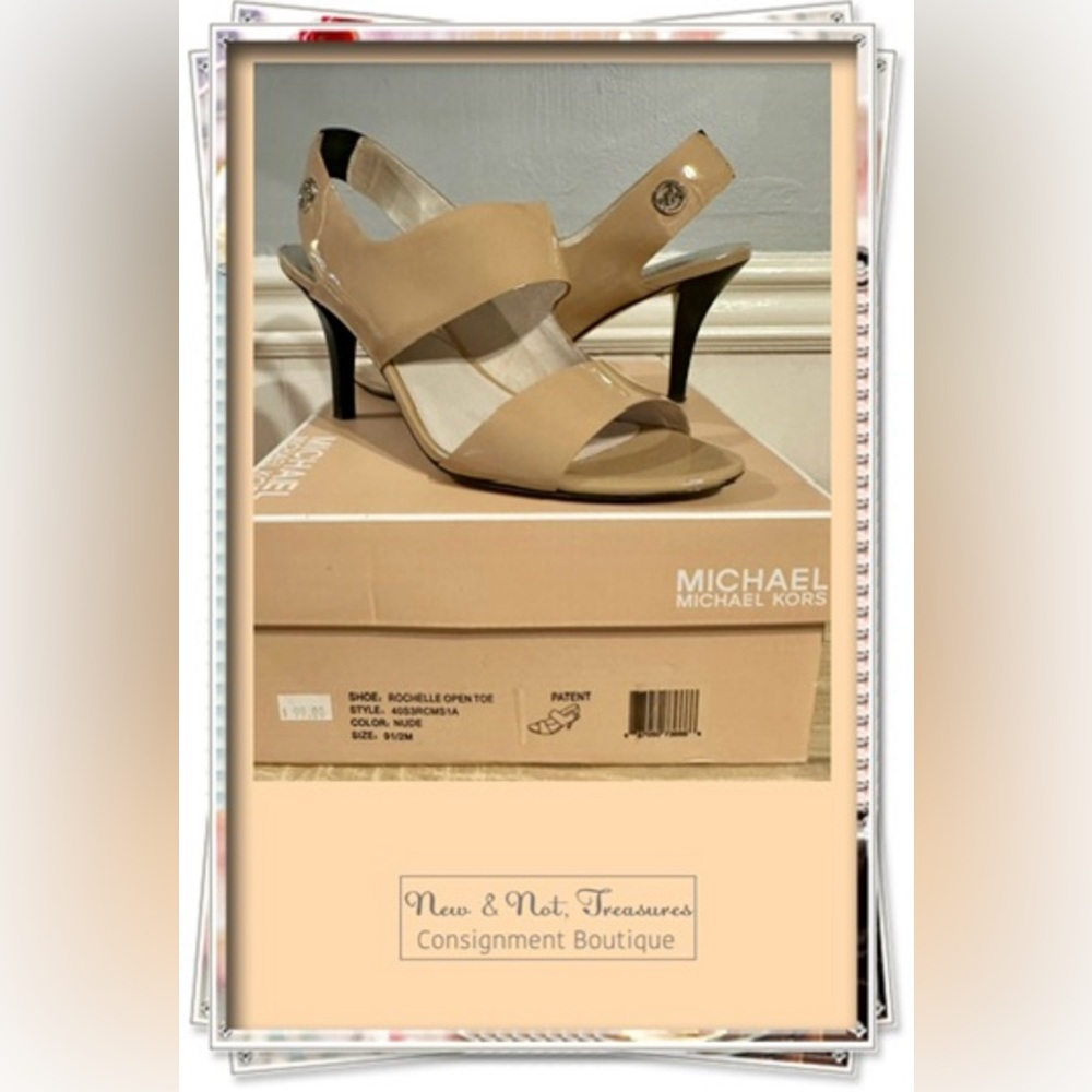 Michael Kors Rochelle Beige Nude Patent Leather Open Toe Heels Sandals Sz 9.5M